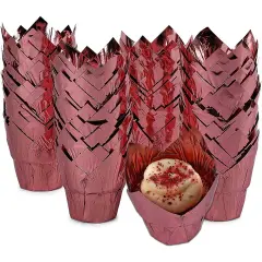 Rose Gold Tulip Cupcake Liners, Foil Muffin Baking Cups 3.25 x 2.8 In, 100 Pack) Pink