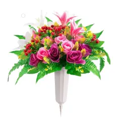 Artificial Cemetery Flowers with Vase Fake Silk Rose Lily Bouquet Grave Memorial Flowers, Colorful