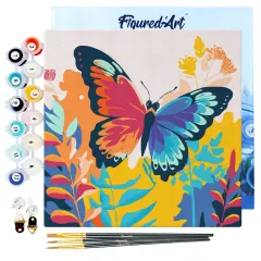 Figured'Art Mini Paint by Numbers Kit for Adults with Frame Tropical Butterfly Small format 8"x8" - Craft Art Painting DIY Canvas Already Stretched on a Wooden Frame