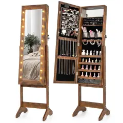 Costway LED Mirror Jewelry Cabinet with 20 LED Lights Full-Length Mirror Adjustable Angles White/Brown/Black