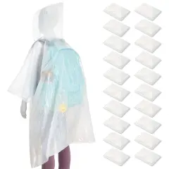 BLUE PANDA 20-Pack Disposable Rain Ponchos with Hood for Kids, Lightweight Emergency Plastic Poncho for Boys & Girls Ages 3-14, Ideal for Outdoor Events, Travel, Camping, Hiking, and Festivals, White Clear