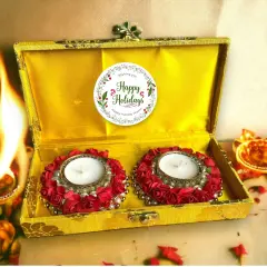 Diwali Gift Hamper Indian Festival Brocade Box with Tealight Candle Holders Christmas Gift Box Deepawali Hampers for Employees Home Office Friends Family Relatives - Return Gifts Items