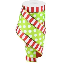 4" Striped Edge Polka Dot Ribbon: Red, Green & White (10 Yards)