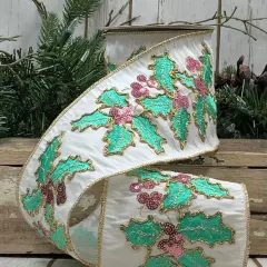 4" Dupion Pastel Holly Embroider Ribbon: White (5 Yards)