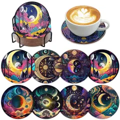 8 PCS Mystical Moon Diamond Art Coasters Diamond Art Coasters Kits with Holder Mystical Moon DIY Coasters for Beginners, Adults, Kids, Diamond Art Crafts Supplies
