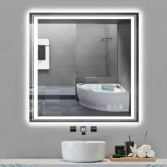 32x32" Square Led Bathroom Mirror Frameless Defogger Memory Touch Wall Mirror
