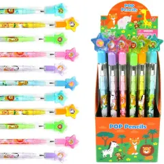 TINYMILLS 24 Pcs Safari Jungle Animals Stackable Push Pencil Assortment with Eraser for Party Favors Goodie Bag Stuffers VBS Classroom Rewards Pinata Fillers Carnival Prize