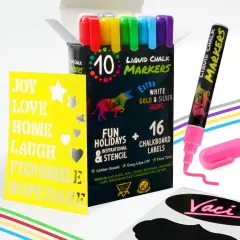 Vaci 10 Multicolored Liquid Chalk Markers | Erasable, Non-Toxic, Water-Based Pens | 6 mm Reversible Tips - Bullet & Chisel | On Chalkboards, Windows, Glass, Mirrors, Blackboards & More | Adults