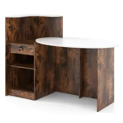 Rustic Brown Modern Reception Desk Front Counter Desk with Oval Tabletop and Lockable Storage Drawer