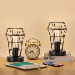 2PCS Industrial Cage Desk Lamps Vintage Table Lamps with Dual USB Ports & AC Outlet, UL-Certified Steampunk Bedside Lights for Office, Bedroom, or Gift