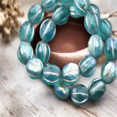 *12* 10mm Metallic Beige Washed Matte Teal AB Faceted Round Melon Beads