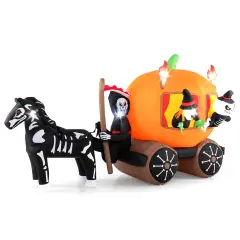Costway 10.2 ft Long Halloween Inflatable Carriage LED Lighted Carriage w/ Pumpkin 2 Ghosts Witch & Skull Horse