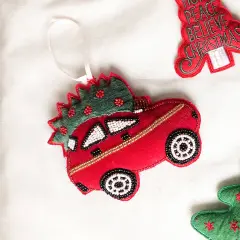 Santa's Car Hanging Ornament - Red & Green - 5" x 0.5" x 3"