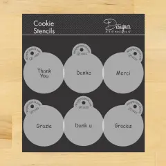 International Thank You Cookie Stencil Set: Thank You, Danke, Gracias, Dank U, Grazie, Merci | C822 by Designer Stencils | Cookie Decorating Tools | Baking Stencils for Royal Icing, Airbrush, Dusting Powder | Reusable Food Grade Stencil