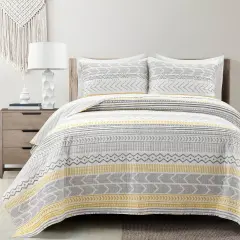 3 Piece Lightweight Cotton Quilt Set Grey White Yellow Reversible Bedding with Pillow Shams