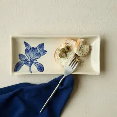 Handcrafted ceramic serving platter with Floral Print - 9.8x4.1x1"