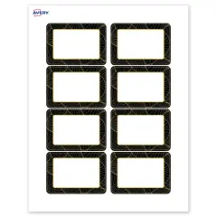 Avery Printable Rectangle Adhesive Name Badges, Pre-Printed Black Border with Gold Pattern, Matte White, 2-1/3" x 3-3/8", Laser & Inkjet Compatible, 80 Total, Great for Branding, Marketing, and Events