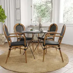 Merrick Lane Mael Set of Two Stacking Thonet Bistro Style Chair with Textilene Seat and Bamboo Finished Metal Frame for Indoor/Outdoor Use Black/Natural Frame