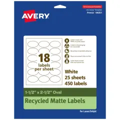 Avery Recycled Matte White Labels,1-1/2" x 2-1/2" Oval