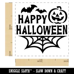 Happy Halloween Bats Spider Web Jack-O'-LanternSelf-Inking Rubber Stamp Ink Stamper Green