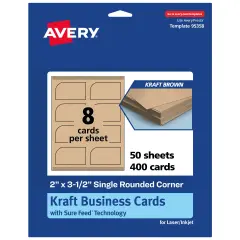 Avery Printable Single Rounded Corner Rectangle Business Cards, Sure Feed Technology, 2" x 3-1/2", Matte Kraft Brown Cardstock, Print-to-The-Edge, Laser/Inkjet Printable, 80 Total
