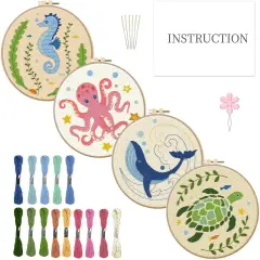4 Sets Embroidery Kit for Beginners with Sea Animals Pattern DIY Embroidery Kit