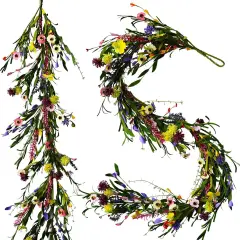 2PCS Artificial Wildflower Summer Floral Garland, 6FT Faux Flower Hanging Vine, Purple Flowers Ivy, Summer Garland with Eucalyptus Lavender Vine for Sign Board Party Home Decor