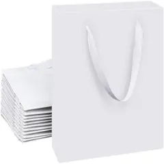 12 Pack White Gift Bags with Ribbon Handles, Medium Size, Reinforced Bottom