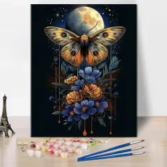 DIY Paint by Numbers Butterfly with Moon Stars Paint by Number for Adults Beginner with Paintbrushes Floral Moon Painting by Numbers Kits on Canvas Art Crafts, 16"x20"(Frameless)