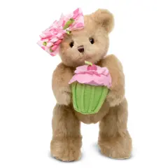 Bearington Casey The Birthday Cake Bear: 10&rdquo; Tall Stuffed Teddy with Ultra-Soft Faux-Fur, Expressive Face, Adorable Hair Bow and Plush Cupcake, Machine Washable, Birthday Gift for Kids Aged 3-14 Brown