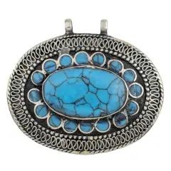 The Bead Chest Turquoise Blue Oval Inlaid Afghan Silver Pendant 58x51mm Afghanistan White Metal Large Hole