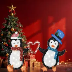 Set of Two Penguins Figurines, Heart-Shaped Decorative Indoor Outdoor 30 and 32 Inch