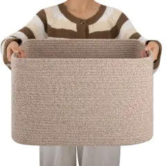 OIAHOMY Cotton Rope Basket, Rectangle Woven Nursery Blanket Basket, Toy Storage Basket with Handle, Baskets for Organizing, 18&rdquo;x14&rdquo;x12&rdquo;, Brown variegated