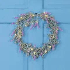 Northlight Pre-Lit Battery Operated Pink Lavender Spring Wreath- 16" - White LED Lights Green