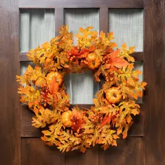 Northlight Autumn Leaves Pumpkins and Berries Artificial Fall Harvest Wreath - 22" Orange