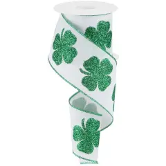 2.5" Bold Glitter Clover Ribbon: White/Green (10 Yards)