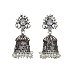 Indian Oxidized Jhumka Earrings for Women - Vintage Indian Jhumki Ethnic Chandbali Earrings Faux Pearls with Oxidized Platting Bollywood Style Dangle Earring Jewelry for Bride Gift for Her WHITE