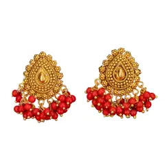 Indian Jhumka Earrings for Women - Indian Jhumki Chandelier Small Tops Earring in Golden Tone Beaded Bollywood Style Dangle Earring Jewelry for Bride | Birthday Gift for Her Ruby Pearl