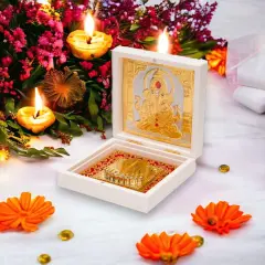 Gold Plated Ganesha Photo Frame with Charan Paduka for Diwali Housewarming Indian Wedding Return Gift Worship Pooja Room Decor Hindu Religious Devotional Paduka Prayer Box Good Luck Gift