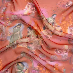 1 Yard Pink, Orange and Green Vivid Traditions Silk Chiffon Fabric Floral Conversational, 54 Inches Width