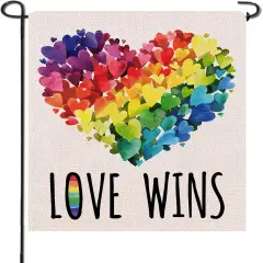 Gay Pride Love Wins Rainbow Small Decorative Garden Flag, LGBTQ Hearts Yard Lawn Outside Pride Month Decor, Lesbian Bisexual Pansexual Burlap Outdoor Home Decoration Double Sided 12 x 18