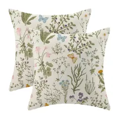 Spring Pillow Covers 18x18 Inch Set of 2,Sage Green Wild Flower Plant Throw Pillows Case,Seasonal Floral Outdoor Decorative Square Linen Farmhouse Decor Cushion Covers for Home Sofa Bed Couch
