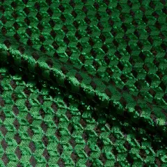 1 Yard Qburtz Mesh Sequin Fabric , 90% Polyester, 10% Spandex, Sparkling Sheer Fabrication Black/Kelly