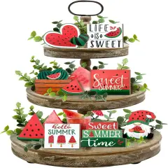 Summer Tiered Tabletop Decor, Farmhouse Watermelon Tray Decorations, Hello Summer Sweet Watermelon Gnome Wooden Signs, Rustic Summer Home Decor for Table Mantel Office Holiday Party