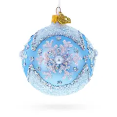 Sparkling Blue Snowflake and Pearl Glass Ball Ornament 3.25 Inches