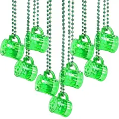 4E's Novelty St Patricks Day Beads Necklace With Shot Glasses Beer Mug Pack of 12 &ndash; Green Irish Gifts Party Favors Supplies, Costume Accessories (Transparent Green With Shamrock)
