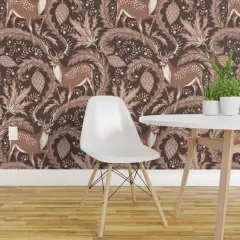 Peel & Stick Wallpaper 2FT Wide Flower Brown Floral Deer Christmas Plants Neutral Monochromatic Animal Print Magical Fairytale Cone Northern Earth Tone Custom Removable Wallpaper by Spoonflower