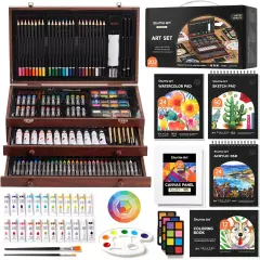 Deluxe Gift Art Kit, 202-Piece Wooden Art Supplies Set with 4 Drawing Pads, Canvases, Coloring Sheets, Acrylic Paint, Crayons, Oil Pastels, Colored Pencils for Kids
