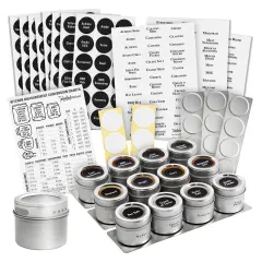 Talented Kitchen 12 Magnetic Spice Jars for Refrigerator with 3 Metal Wall Bases, 269 Preprinted Seasoning Labels, 2 Styles, 1 Cooking Conversion Chart, for 3 oz Containers Silver