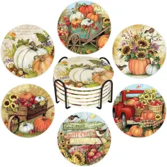 6Pcs Fall Ceramic Coasters with Holder Pumpkin Truck Sunflower